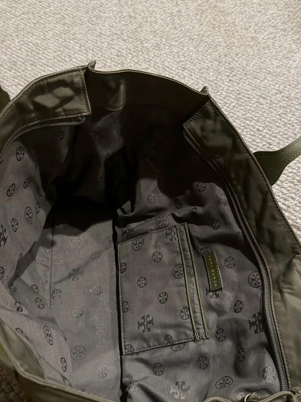 Tory Burch Olive Green Nylon Duffel Zip Tote